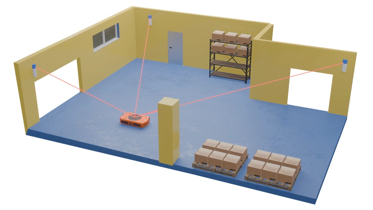 3D scene of an AGV navigating with laser reflectors