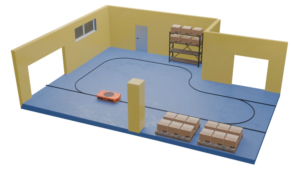 3D scene of an AGV following a magnetic track