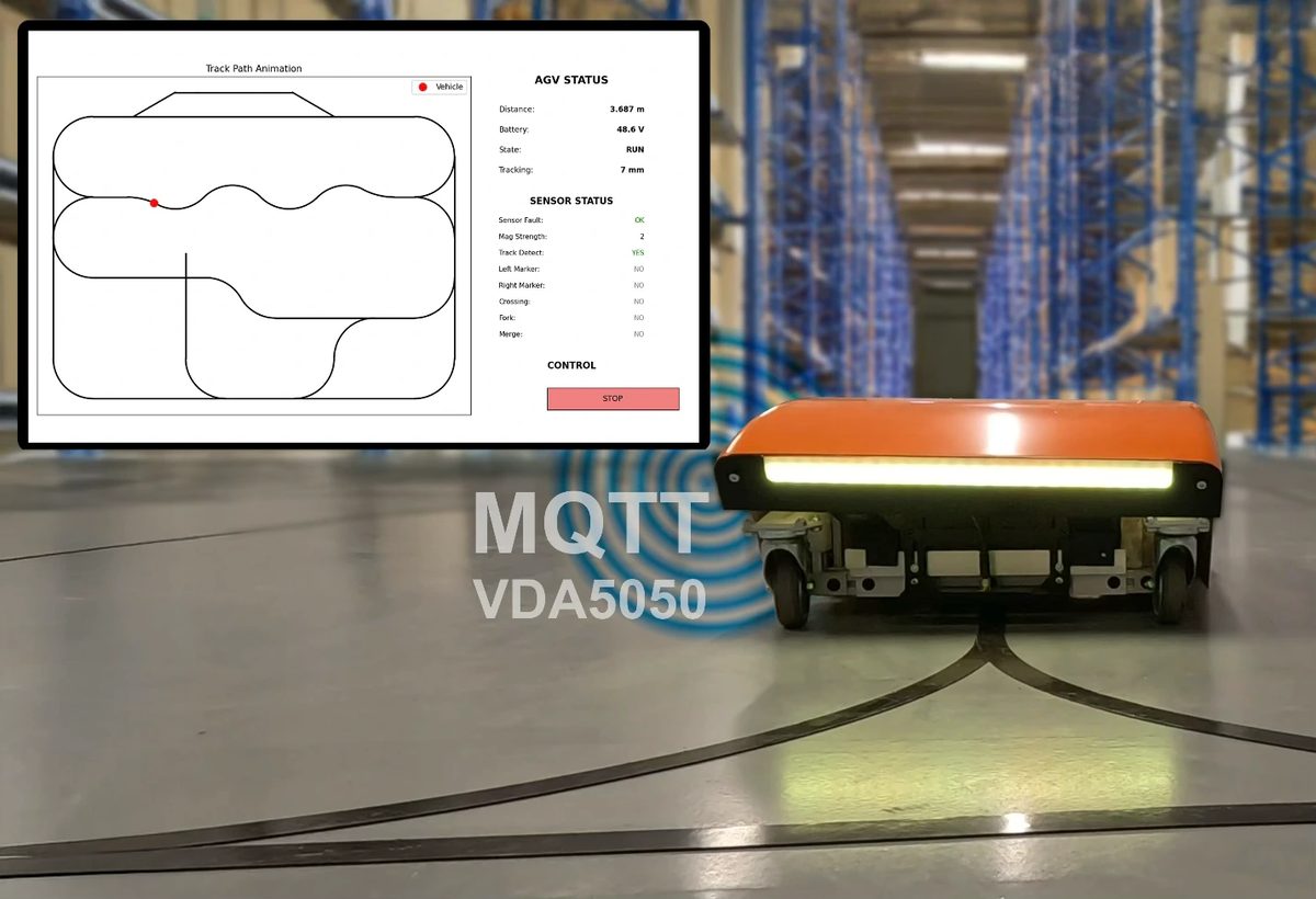 Orange Naviq demo AGV following magnetic tape in a warehouse, with the supervisory track-path display and MQTT / VDA5050 telemetry