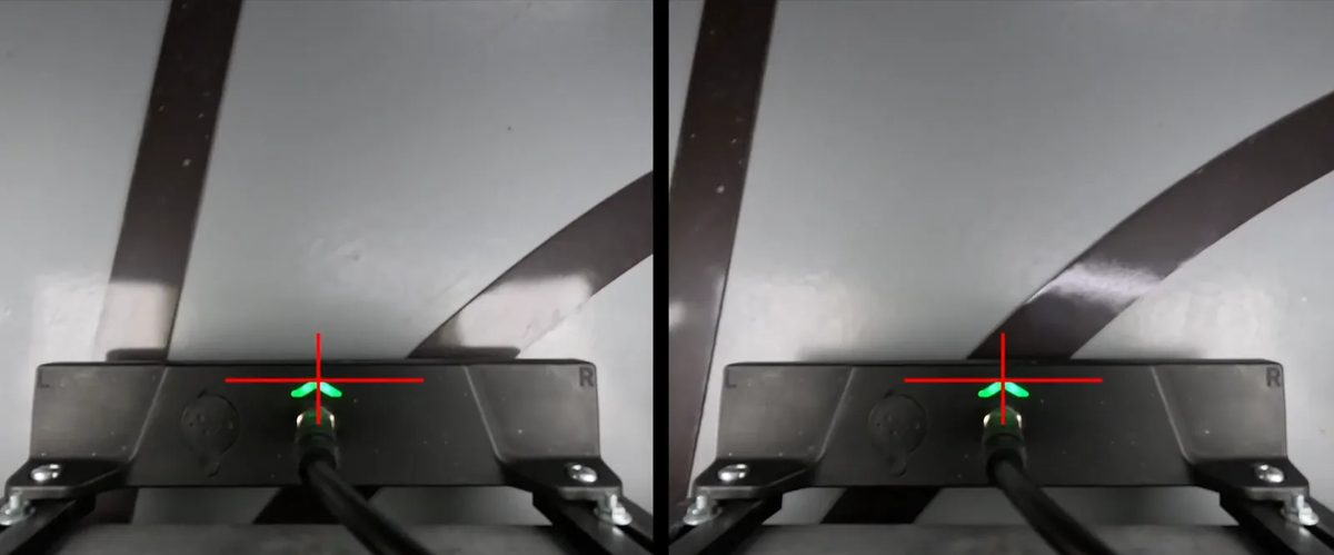 MTS160 sensor view of the same curve under position-only steering (left) and position + angle steering (right)