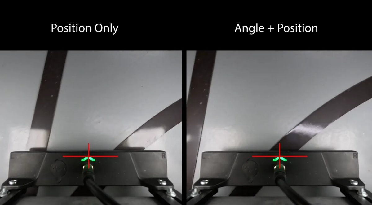 Sensor view of the same curve with position-only steering (left) and position + angle steering (right)