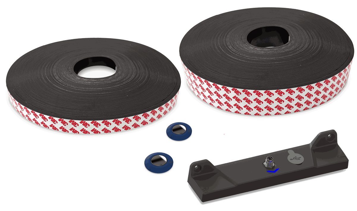 Naviq magnetic guidance products: two rolls of magnetic tape, point markers and the MTS160 sensor
