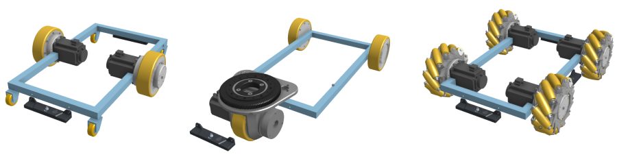 Differential drive, steerable traction wheel and Mecanum drive trains