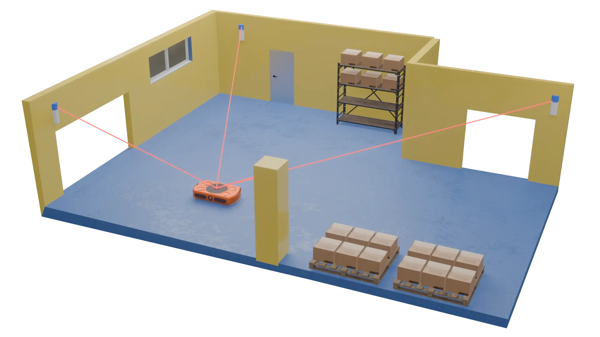 3d scene showing  agv with laser reflectors